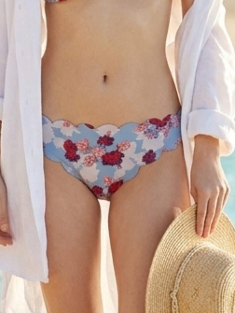 Vanilla Beach Bikini Bottom Blue Red Floral Scalloped Coquette Cottage Size XS